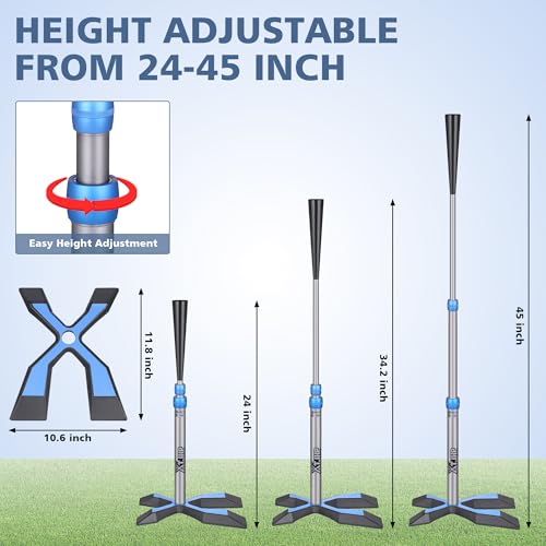 Baseball Tee for Hitting, Batting Tee with 5.8 LB Base, Softball Tee 24"-45" Height Adjustment, Hitting Tee for Baseball Training Accessories