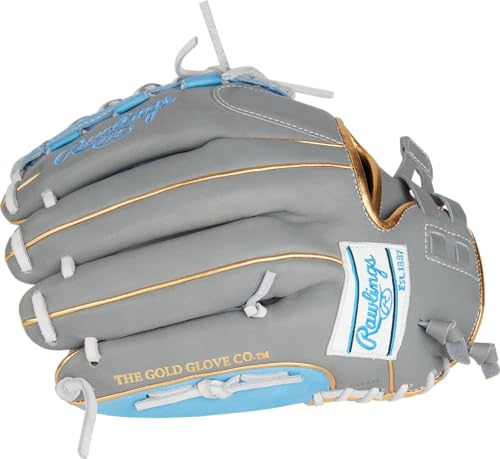 Rawlings | Liberty Advanced Color Series Fastpitch Softball Glove - color: Grey / Columbia Blue / Gold | X-Laced Basket Web, size: 12.5" | Utility