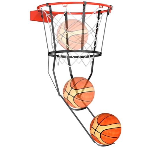 Basketball Return Attachment for Hoop Heavy Duty Basketball Rebounder with 6 Hooks, Basketball Accessories for Indoor and Outdoor, Basketball Hoop Rebounder for Solo Play and Practice, Metal, Black