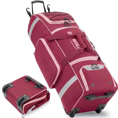 81L Rolling Baseball Bag with Wheels, Softball Catchers Gear Bags for 4 Bats (Fits Up To 34"), Separate Shoe Compartment, Safety Reflective Strip, Fence Hook, Foldable T-Bag for Youth & Adult - color: Dark Red