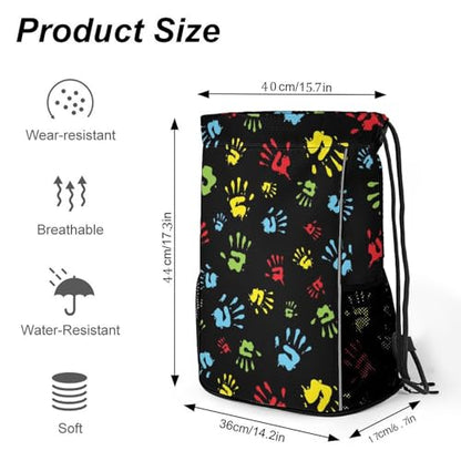Hand Print Drawstring Backpack Gym Bag With Shoe Compartment String Bag Sport Beach Swimming Sackpack For Women Men - color: Hand Print