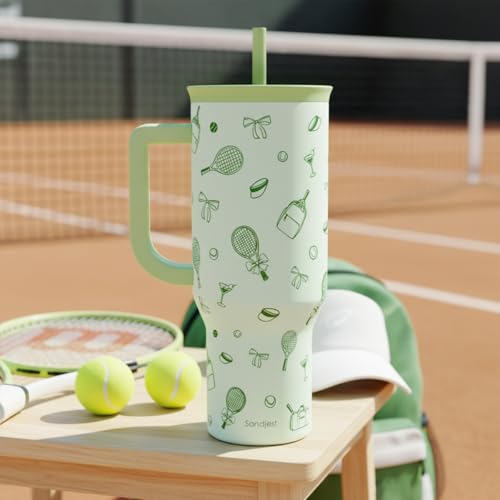 SANDJEST Tennis 40oz Tumbler With Handle and Straw, Insulated Stainless Steel Travel Coffee Mug for Women Girls Tennis Players, Gift Idea for Birthday Christmas Mothers Day - color: Tennis