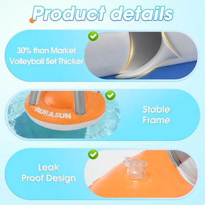 AURASUN Inflatable Pool Volleyball Net, Floating Swimming Pool Set with Basketball Hoop, Summer Pool Game Toy for Kids and Adults, Float Water Volleyball Court