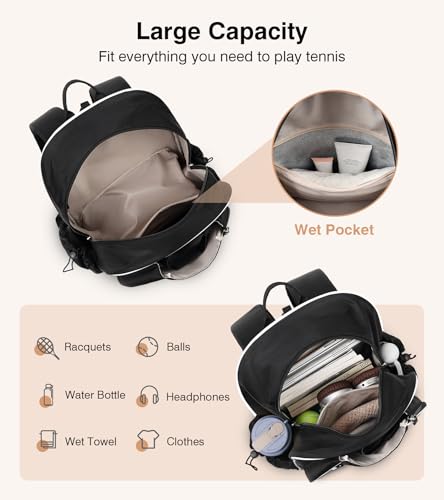 Marvolia Tennis Bags for Women Men, Tennis Backpack Holds 2 Rackets with Ventilated Shoe Compartment & Wet Pocket, Tennis Racket Bag Backpack for Pickleball Tennis Badminton - color: Black