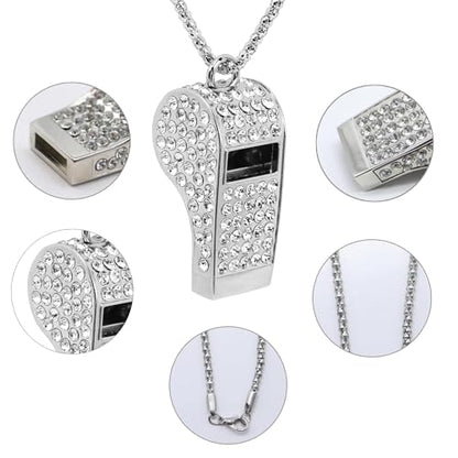 Metal Rhinestone Lanyard Whistle Bling Crystal Loud Sound with Chain Whistle for Coaches, Referee, Teachers, Police, Lifeguard, Emergency, Sports, Adults (Silver)
