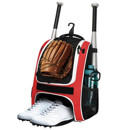 LARIPOP Youth Baseball Bag, Bat Backpack with Fence Hook & Separate Shoe Compartment, Waterproof Equipment Bag for Baseball, T-Ball & Softball - color: Red