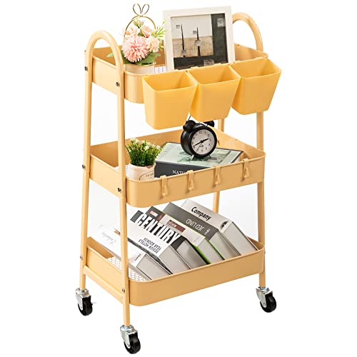 danpinera 3-Tier Rolling Cart, Utility Cart Mobile Metal Rolling Storage Cart with Lockable Wheels & Hanging Cups & Hooks for Kitchen, Bathroom, Office, Workshop, Yellow - color: Yellow, size: Normal (3 tier)