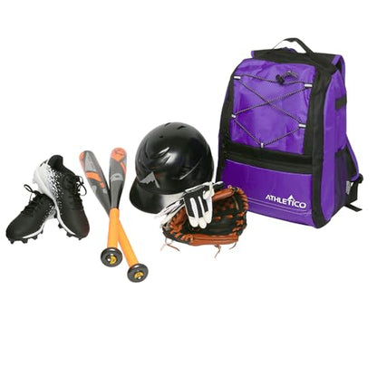 Athletico Youth Baseball Bag - Bat Backpack for Baseball, T-Ball & Softball Equipment & Gear | Holds Bat, Helmet, Glove | Fence Hook - color: Purple