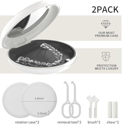 2Pack Retainer Case with Mirror, Compatible with Invisalign, Orthodontic Aligner Case with Removal Tool and Brush, White - color: 2 Pack - WhiteMirror