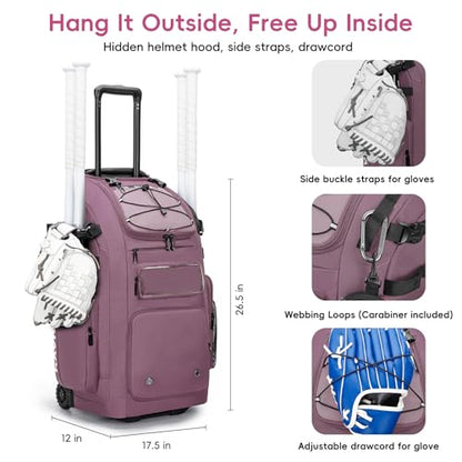 KAVIGOR 80L Rolling Baseball & Softball Bag for Youth & Adult, Holds 3 Gloves & 4 Bats, Custom Team Panel, Travel Ball Ready - color: Berry Pink