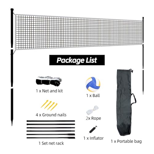 Portable Outdoor Volleyball Net Set 19ft Easy Set Up Volleyball Net System with Adjustable Poles, Soft Volley Ball, Pump, Boundary Line, Carry Bag for Backyard, Beach,