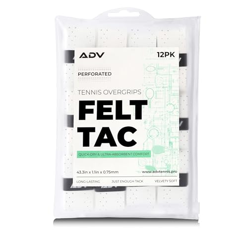 ADV Dry Tennis Overgrip Tape - 3, 6, 12, 30, 60 Pack - FeltTac Tennis Racket Grip Tape - Ultra Absorbent Tennis Grip Tape - Comfort Tennis Racket Grips - Tennis Grips Overgrip - color: 12-Pack White Perforated
