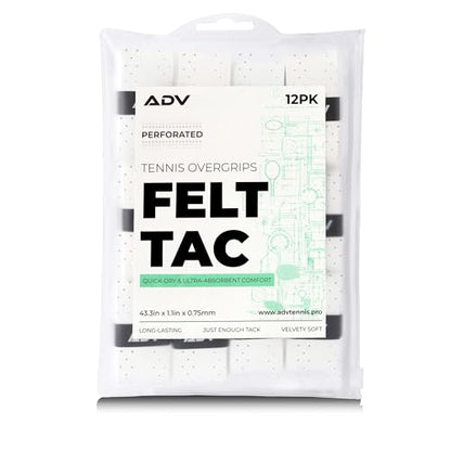 ADV Dry Tennis Overgrip Tape - 3, 6, 12, 30, 60 Pack - FeltTac Tennis Racket Grip Tape - Ultra Absorbent Tennis Grip Tape - Comfort Tennis Racket Grips - Tennis Grips Overgrip - color: 12-Pack White Perforated
