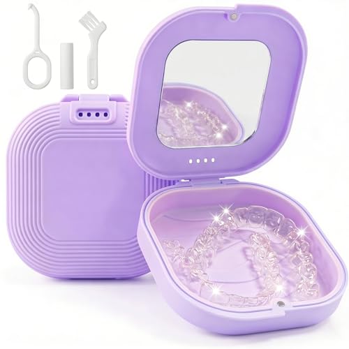 Retainer Case with Mirror, Aligner Case with Vent Holes for Invisalign, Portable Aligner Kit, Removable Silicone Liner, Orthodontic Storage Box Secure Magnetic Closure for Travel - Purple - color: Purple with Mirror