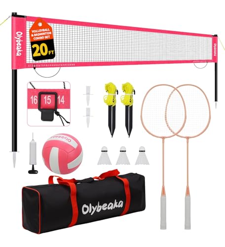 20ft Outdoor Volleyball & Badminton Combo Net Set for Backyard Beach with Adjustable Poles, Durable Anti-Sag Net, PU Volleyball, 2 Aluminum Rackets - color: Pink