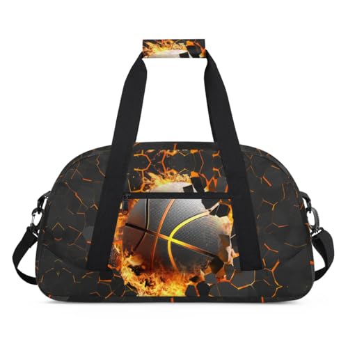 Burning Gold Basketball Kids Duffel Bag for Boys, Sport Ball Sports Gym Bag Overnight Travel Weekender Bag Lightweight Carry On Sleepovers Bag for School Practice Gymnastics - color: Burning Gold Basketball