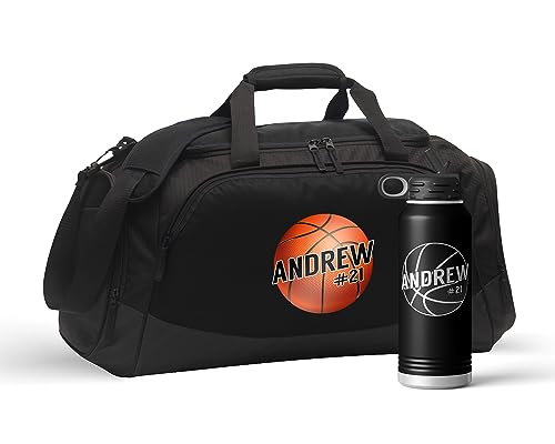 Personalized Basketball Duffel Bag Set Engraved Water Bottle | Coach Design Name Number Player Boys Girls Birthday Christmas - color: Black/Black, size: Bag/Bottle Combo, style: Player