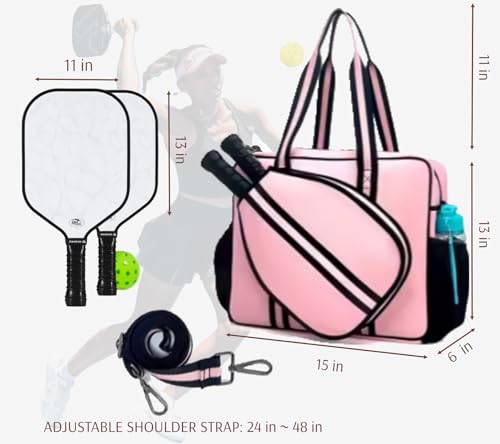 Pickleball Sports Tote Bag with Racket Holder, Neoprene, Adjustable Shoulder Strap - color: Pink