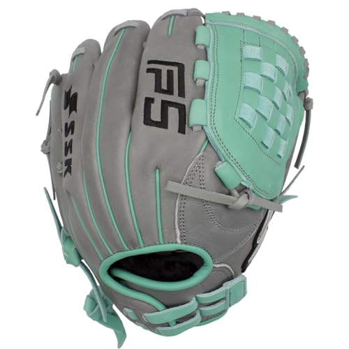 SSK FP5 Fastpitch Softball Glove – Infield - Outfield - Pitcher – 11.5”-11.75”-12”-12.25”-12.5”-12.75”-13”– Right & Left Hand Throw - color: Grey/Mint - Basket Web, size: 11.5" - Right Hand Throw