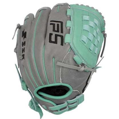 SSK FP5 Fastpitch Softball Glove – Infield - Outfield - Pitcher – 11.5”-11.75”-12”-12.25”-12.5”-12.75”-13”– Right & Left Hand Throw - color: Grey/Mint - Basket Web, size: 11.5" - Right Hand Throw
