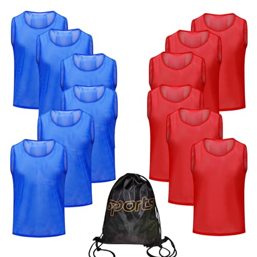 12/24/48PCS Pinnies Youth Team Pennies for Sports Kids and Scrimmage Vests for Soccer Basketball Jersey Practice - color: Red+blue-12, size: L(For Adults)