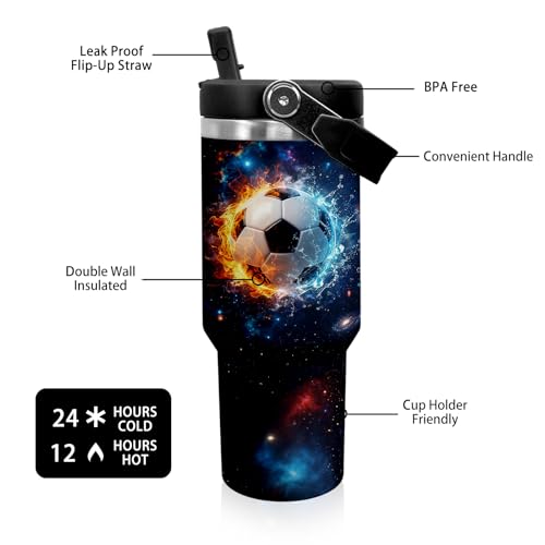 30 oz Tumbler with Handle Flip Straw Leak Proof - Soccer Cup 30oz Tumbler Travel Coffee Mug with Handle - Birthday Gifts for Women Men Soccer Lovers Fans 30 Ounce Stainless Steel Cup - color: Soccer Gifts