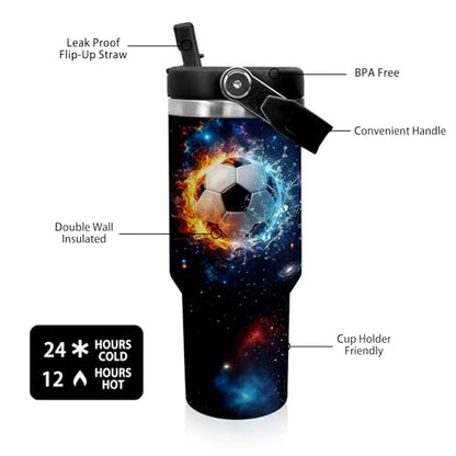 30 oz Tumbler with Handle Flip Straw Leak Proof - Soccer Cup 30oz Tumbler Travel Coffee Mug with Handle - Birthday Gifts for Women Men Soccer Lovers Fans 30 Ounce Stainless Steel Cup - color: Soccer Gifts