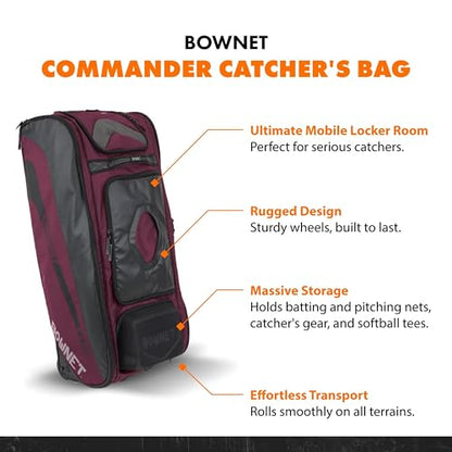 Bownet Commander Catcher’s Gear Bag with Wheels – Heavy Duty Rolling Baseball & Softball Equipment Bag, 14 Pockets, Helmet Case, Big Trax Wheels, Travel Approved - color: Maroon