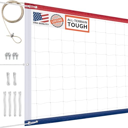 Professional Volleyball Net Heavy Duty Outdoor, Upgraded Weather Performance with 46FT High-Tensile Steel Cable, Reinforced Borders, Ideal for Indoor/Outdoor- 32x3FT (Net Only) - color: ‎Red White and Blue