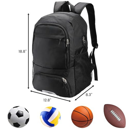 Basketball Backpack, Large Soccer Bag with Separate Ball Holder Shoe Compartment, Black Sport Bag for Basketball, Soccer, Football, Volleyball, Gym, Training, Travel