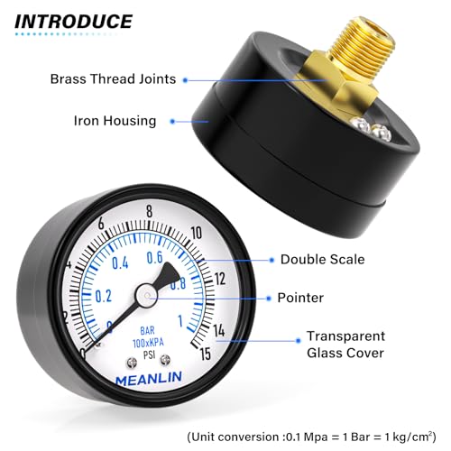 0-15Psi Well Pump Pressure Gauge 1/4" NPT 2" FACE DIAL for Water Oil Air Well Pump Tank Tire Pressure Test Back Mount, with Teflon Tape - size: 0-15Psi
