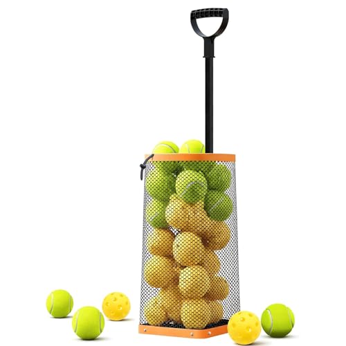 Tennis Ball Hopper,Lightweight Pickleball Picker Upper, Holds 50+ Tennis & 40+ Pickleballs, Portable and Adjustable Height for Court Training, Green Orange Black