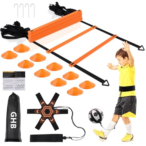GHB Pro Agility Ladder Soccer Kick Trainer Set 20ft 12 Rung 10 Cones and 4 Stakes Speed Agility Football Training Equipment with Carrying Bag - color: Orange