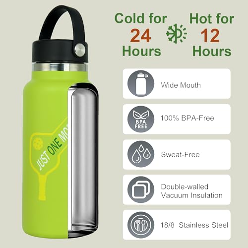 Pickleball Water Bottle 32 oz, Gifts for Pickleball Lovers, Wide Mouth Vacuum Insulated Sports Bottle with 2 Leakproof Lids, Stainless Steel Cup with Straw for Cold Drinks - color: Green
