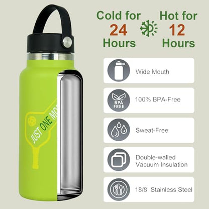 Pickleball Water Bottle 32 oz, Gifts for Pickleball Lovers, Wide Mouth Vacuum Insulated Sports Bottle with 2 Leakproof Lids, Stainless Steel Cup with Straw for Cold Drinks - color: Green