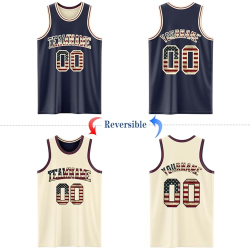 Custom Reversible Basketball Jerseys Men Youth, Personalized Sports Shirts Team Uniforms Printed Name Logo Number - color: Flag Style - Navy and Cream White