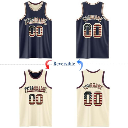 Custom Reversible Basketball Jerseys Men Youth, Personalized Sports Shirts Team Uniforms Printed Name Logo Number - color: Flag Style - Navy and Cream White