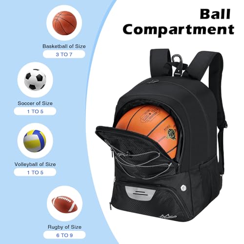 MoKo Basketball Bag Backpack, Volleyball Soccer Backpack for Men & Women with Separate Ball and Shoes Compartments, Water-Resistant, Fence Hook, Sports Bag for Clothes, Shoes, Tablets, Laptops, Black - color: Black