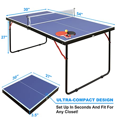 Table Tennis Table, 4.5ft Portable Ping Pong Table Game Set, Mid-Size Foldable Table Tennis Game Set with Net, 2 Table Tennis Paddles and 3 Balls for Adults/Teens, Family Game Tables for Indoor