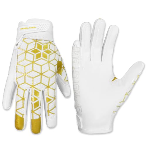 HANDLANDY Youth Football Gloves, Kids Sticky Receiver Gloves,Super Grip Football Glove Best Gift for Boys,Girls - color: Cream White and Gold, size: X-Small-Youth
