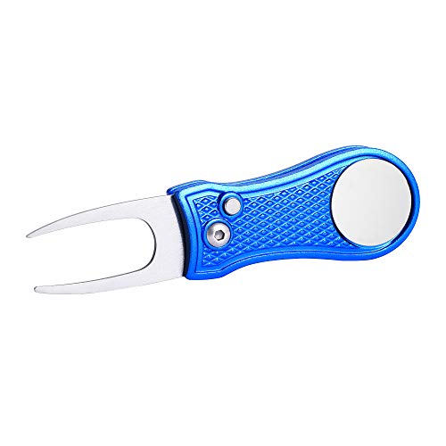 Mile High Life Golf Divot Repair Tool, All Metal Foldable Divot Tool with Pop-up Button & Magnetic Ball Marker - color: Blue Bone