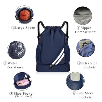 Drawstring Soccer Backpack with Shoe Compartment - Gym Bag for Basketball, Volleyball and Football - Water Resistant Nylon Sports Cinch Sack for Men Women
