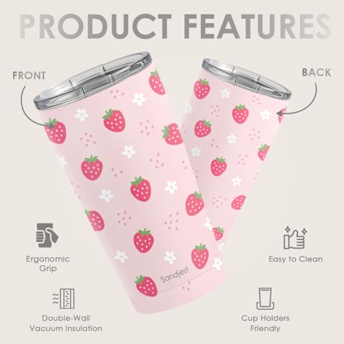 SANDJEST Strawberry Tumbler 20oz, Stainless Steel Travel Cup with Lid, Insulated Coffee Mug, Strawberry Gifts for Women Girls Friends Sisters on Birthday Christmas - color: Strawberry 1
