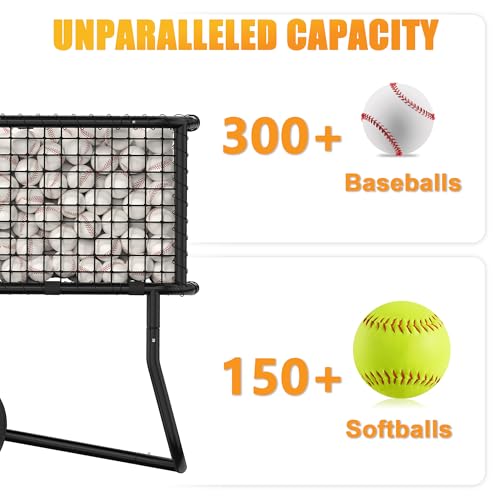 Baseball Cart with 10" Wheels - Large Capacity Ball Holder for Batting Cage & BP, Portable Softball Caddy Holds 300 Baseballs/150 Softballs, Heavy Duty Storage with Anti-Sag Strap (Black)