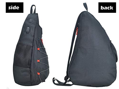 Tennis Bag for Men Women, Racquetball Pickleball Paddle Squash Sling Bags Crossbody Sports Backpack Adult with USB Charge Port - color: Black