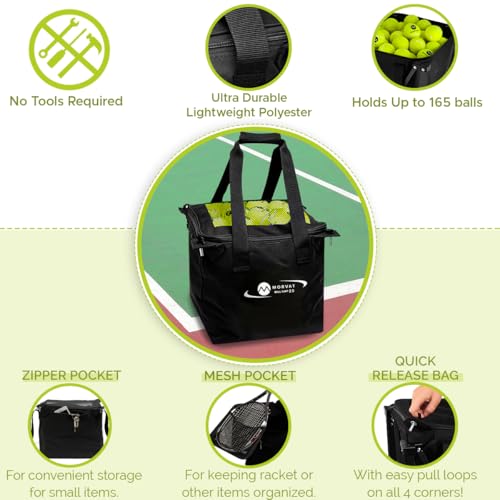 MORVAT Professional Tennis & Pickle Ball Hopper Holds 165 Balls Heavy-Duty Pro Sports Practice Cart, Foldable Portable Compact & Lightweight Zippered Pocket & Racket Holder, Carry Bag + 3 Tennis Balls - style: Hopper Bag