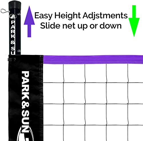 Park & Sun Spiker Sport Portable Outdoor Volleyball Net System – Blue Net, Regulation Size 32' L x 3' H, Adjustable Height, Lightweight, Includes Carrying Bag for Backyard and Beach Play