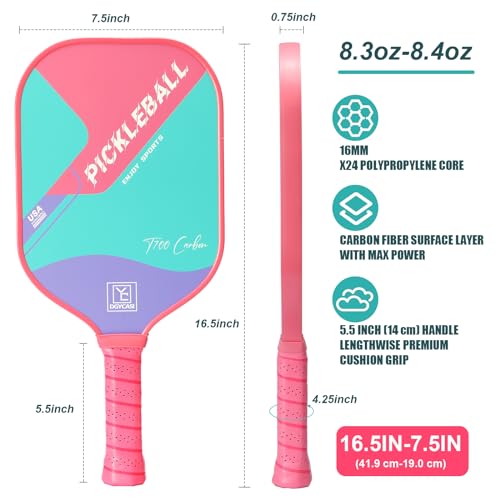 YC DGYCASI 16mm Pickleball Paddles Professional, USAPA Approved, T700 Carbon Fiber Pickleball Paddle Thermoformed, High Grit & Spin, 5.5” Elongated Handle, Handle Girth 4.25”, 8.3oz, with Cover Case - color: Pink