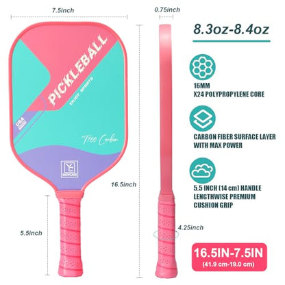 YC DGYCASI 16mm Pickleball Paddles Professional, USAPA Approved, T700 Carbon Fiber Pickleball Paddle Thermoformed, High Grit & Spin, 5.5” Elongated Handle, Handle Girth 4.25”, 8.3oz, with Cover Case - color: Pink