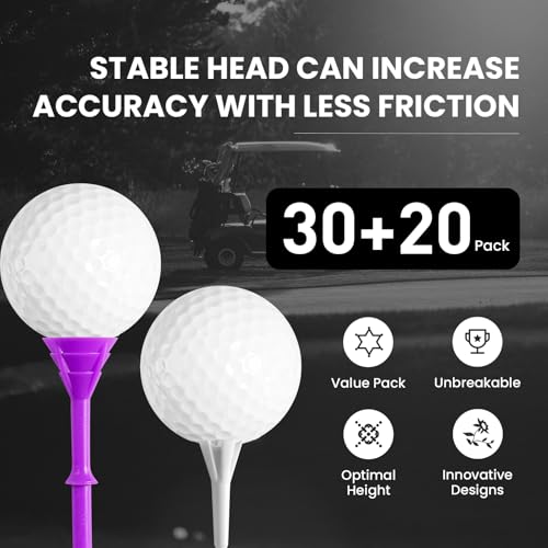 FINGER TEN Golf Tees Plastic Unbreakable 30 Tees 3 1/4 Inch and 20 More Short Tees 1 1/2 Inch with Black Golf Tee Bag, Easy to Find Value Gift Set